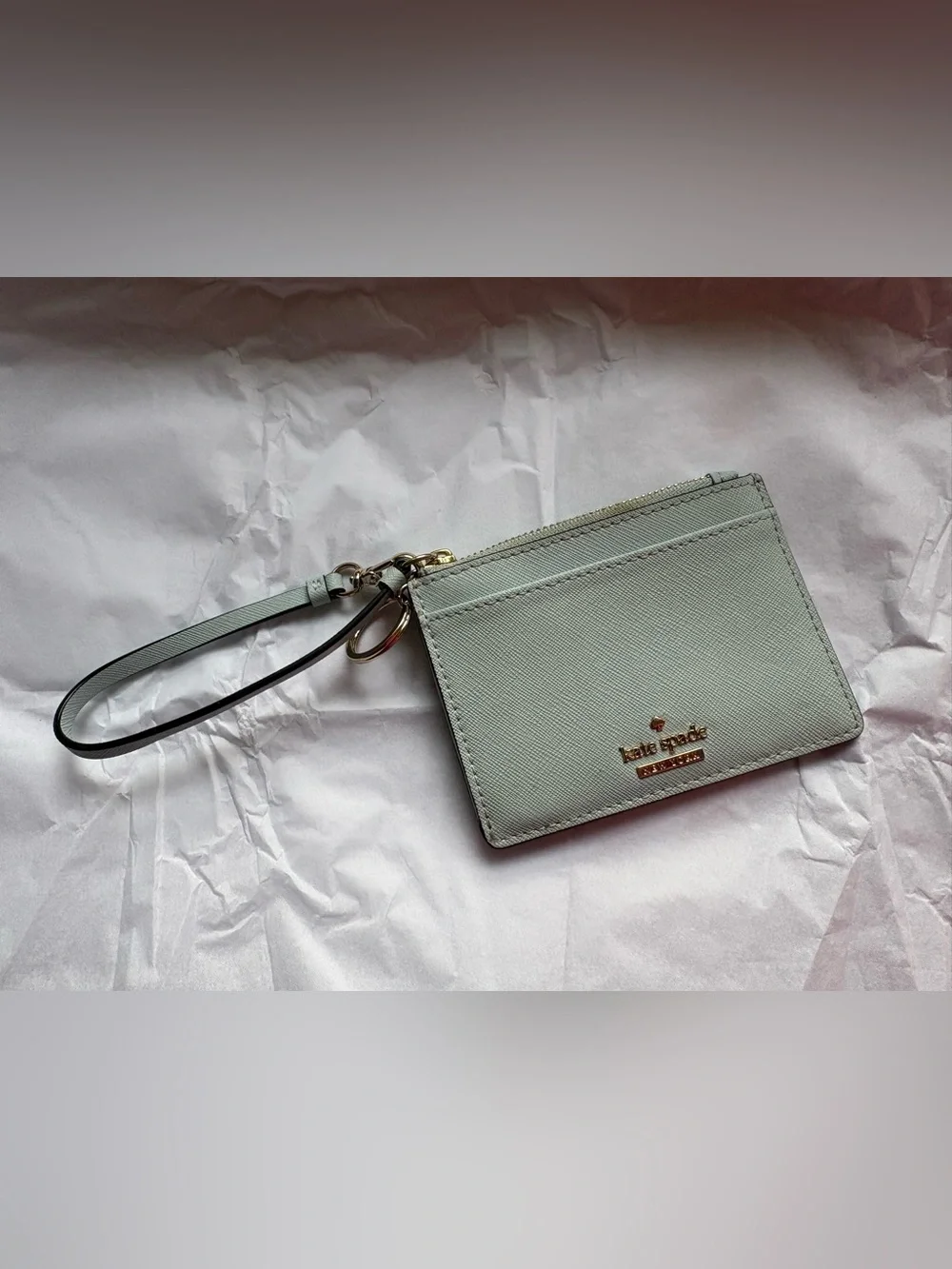 kate spade pale mint leather wristlet cardholder with key ring